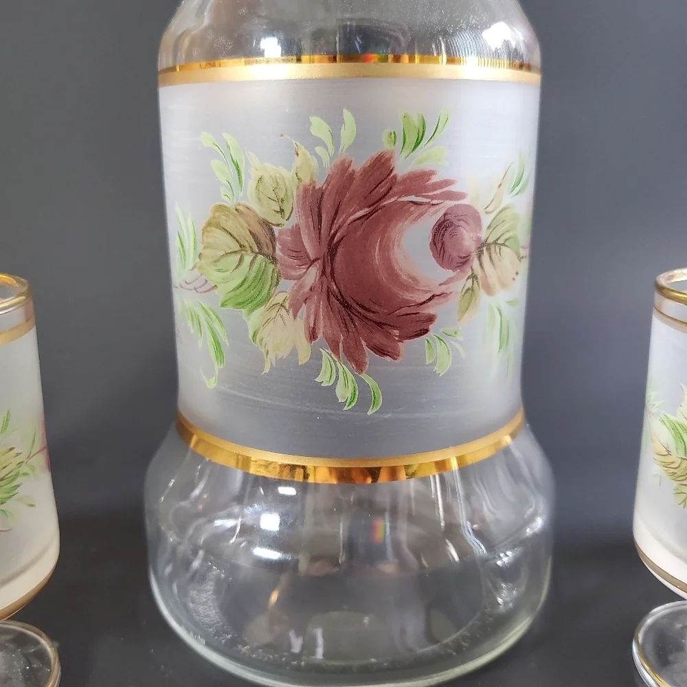 Cristallerie Hand-Painted Decanter & Glass Set MCM 1960s Made in Italy Vintage